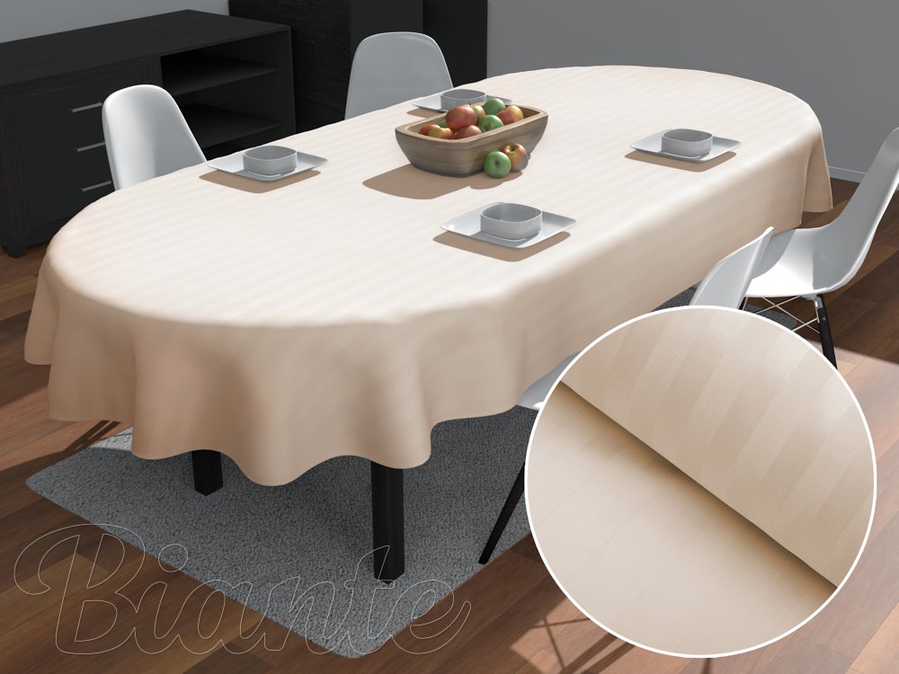 Damaškový oválný ubrus Atlas Gradl béžové proužky 2 cm DM-018 - Biante.cz