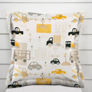 Dětský bavlněný povlak na polštář s lemem Sandra SA-672 Žlutá a šedohnědá auta ve městě na bílém - Biante.cz