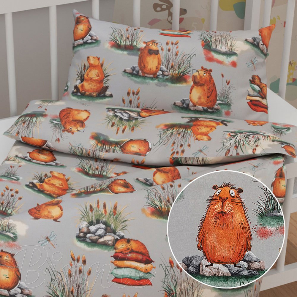 Dětské bavlněné povlečení do postýlky Sandra SA-711 Kapybary na šedém - Biante.cz