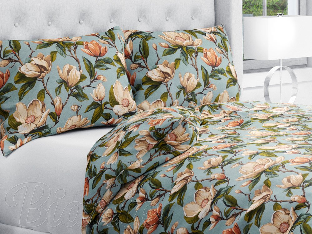 Bavlněné ložní povlečení Sandra SA-545 Květy magnolie na šedomodrém - Biante.cz Bavlněné ložní povlečení Sandra SA-545 Květy magnolie na šedomodrém - Biante.cz