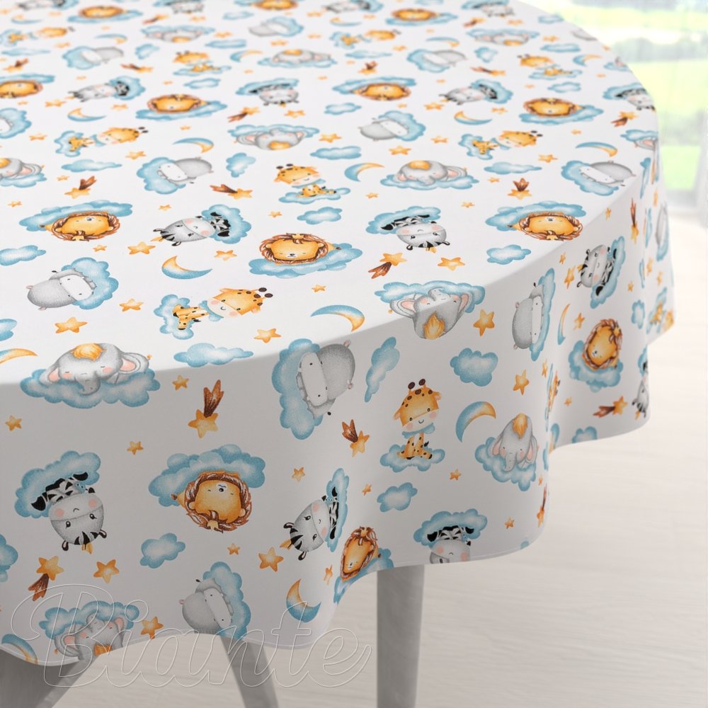 Dětský bavlněný kulatý ubrus Sandra SA-693 Africká zvířátka na modrých obláčcích na bílém - Biante.cz