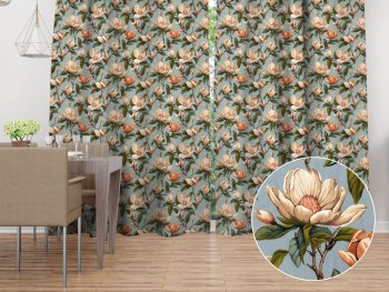 Bavlněný závěs Sandra SA-545 Květy magnolie na šedomodrém - Biante.cz
