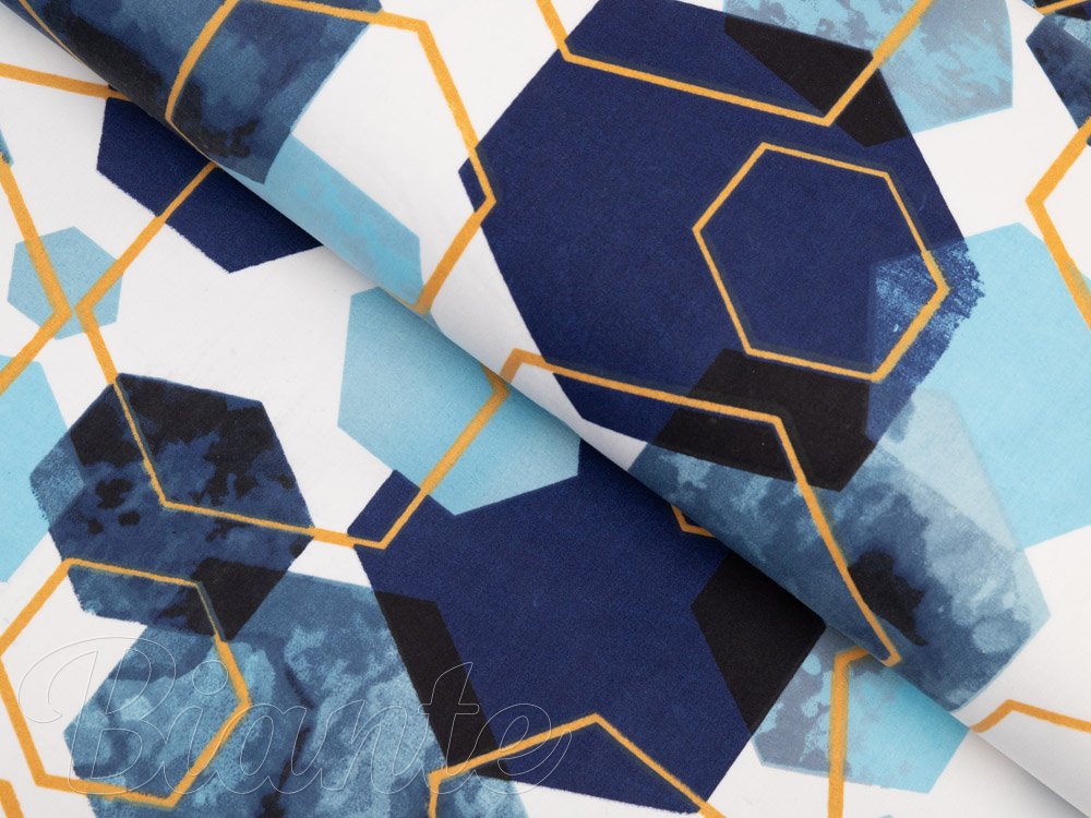 Bavlněná látka/plátno Sandra SA-574 Modré hexagony na bílém - šířka 160 cm - Biante.cz