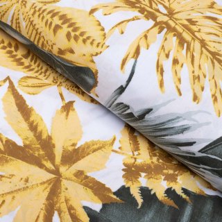 Bavlněná látka/plátno Sandra SA-388 Šedozelené a zlaté tropické listy na bílém - šířka 160 cm a 220 cm - Biante.cz