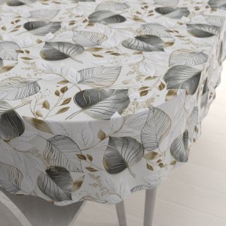 Dekorační oválný ubrus Leona LN-173 Šedé listy na režném - Biante.cz
