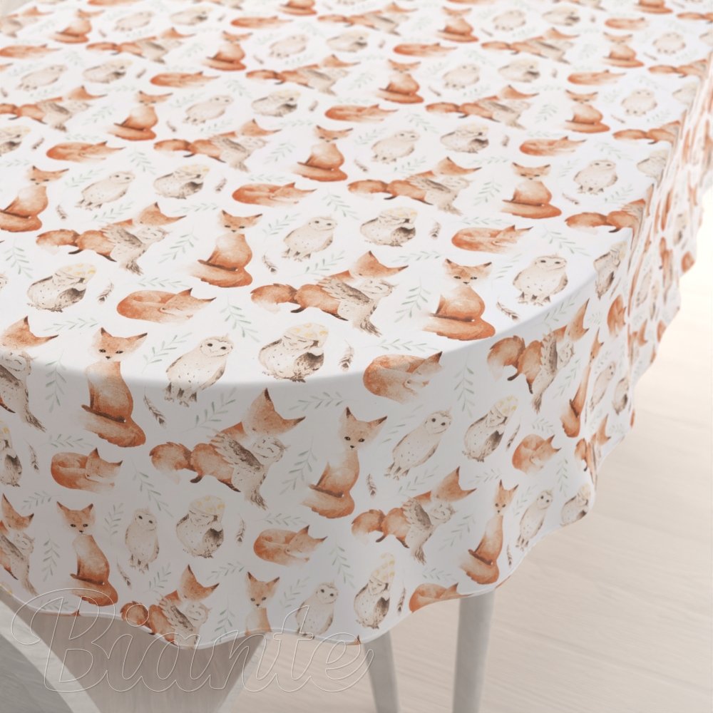 Dětský bavlněný oválný ubrus Sandra SA-523 Lišky a sovy na bílém - Biante.cz