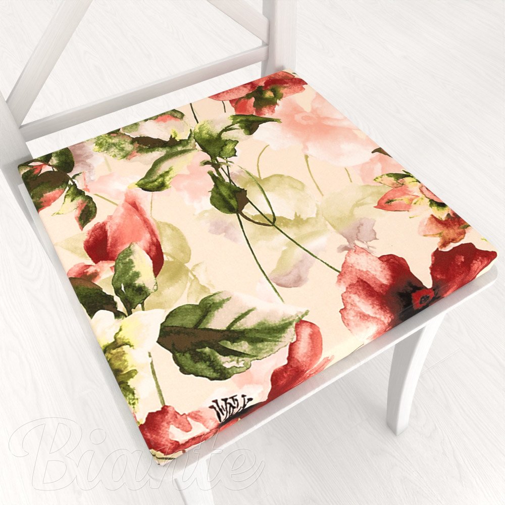 Sametový čtvercový podsedák Tamara TMR-051 Abstraktní červené květiny na žlutobéžovém - 38x38x3 cm - Biante.cz