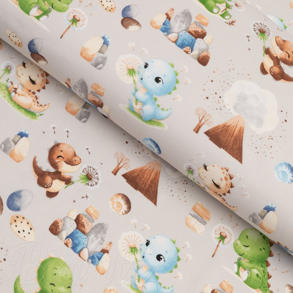 Dětská bavlněná látka/plátno Sandra SA-656 Modro-zeleno-hnědí dinosauříci na světle šedém - šířka 160 cm - Biante.cz