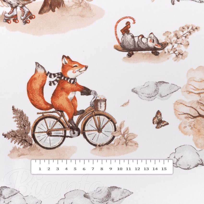 Dětská bavlněná látka/plátno Sandra SA-696 Lišky na kolách - hnědé na bílém - šířka 160 cm - detail 3 - Biante.cz