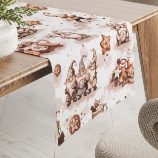 Bavlněný běhoun na stůl Sandra SA-663 Hnědí skřítci s perníčky na bílém - Biante.cz Bavlněný běhoun na stůl Sandra SA-663 Hnědí skřítci s perníčky na bílém - Biante.cz