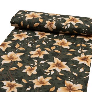 Bavlněná látka/plátno Sandra SA-736 Hnědooranžové květy vanilky na tmavě zeleném - šířka 160 cm - detail 1 - Biante.cz