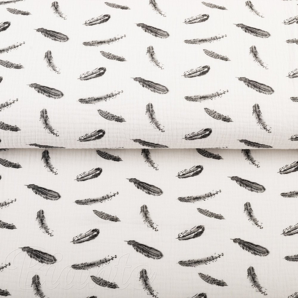 Mušelín dvojitá gázovina MSN-074 Černošedá peříčka na krémově bílém - metráž šířka 140 cm - detail 5 - Biante.cz