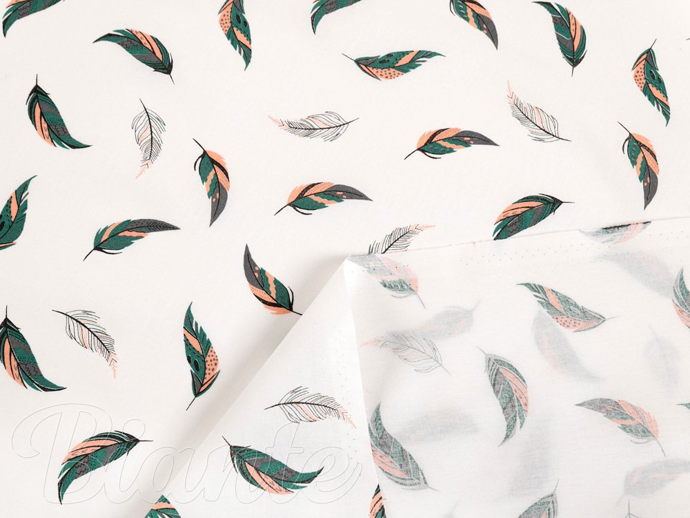 Bavlněná látka/plátno Sandra SA-460 Zeleno-růžová pírka na bílém - šířka 160 cm - detail 4 - Biante.cz