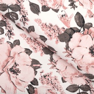 Bavlněná látka/plátno Sandra SA-549 Růžové růže a poupata na bílém - šířka 160 cm - Biante.cz