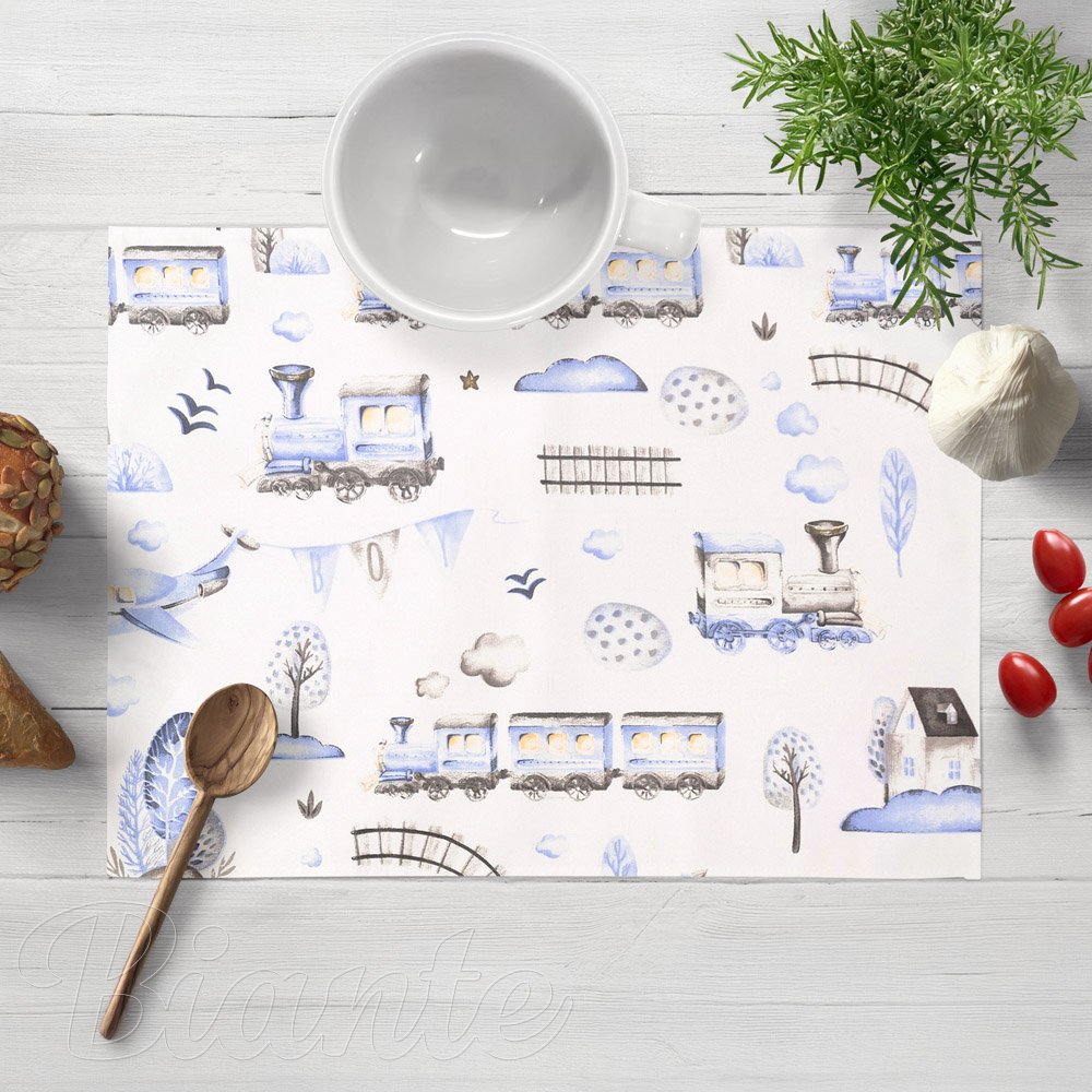 Dětské bavlněné prostírání na stůl Sandra SA-690 Modré vláčky s letadýlky na bílém - Biante.cz