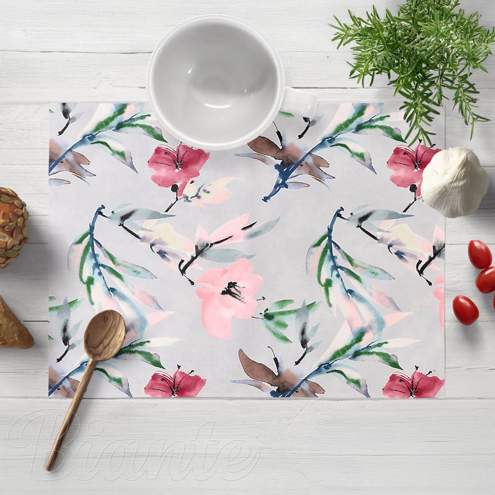 Dekorační prostírání na stůl PM-110 Akvarelové růžové květy na světle šedém - Biante.cz
