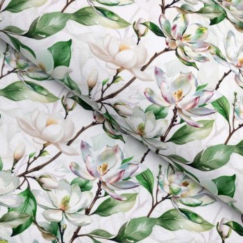 Teflonová látka na ubrusy TF-117 Květy magnolie na bílém - šířka 155 cm - Biante.cz
