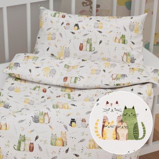 Dětské bavlněné povlečení do postýlky Sandra SA-652 Kočičí svět zeleno-žlutý na bílém - Biante.cz
