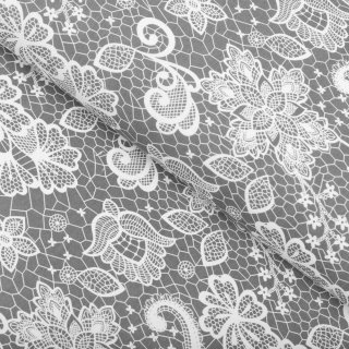 Bavlněná látka/plátno Sandra SA-550 Bílá krajka na šedém - šířka 160 cm - Biante.cz
