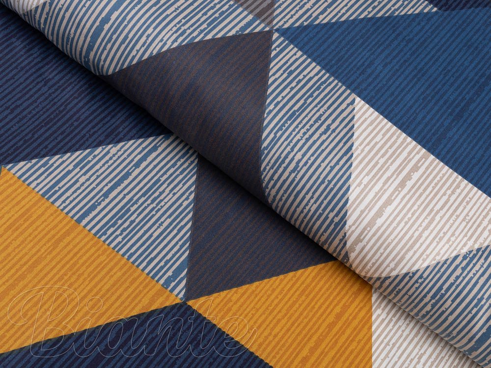 Bavlněná látka/plátno Sandra SA-390 Modro-béžovo-oranžové trojúhelníky - šířka 160 cm - Biante.cz