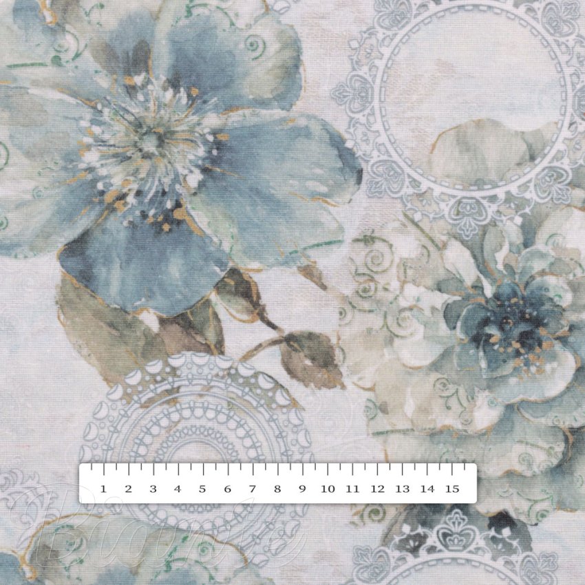 Dekoračná látka PML-052 Tyrkysové kvety s orientálnymi kruhmi - šírka 150 cm - detail 5 - Biante.sk