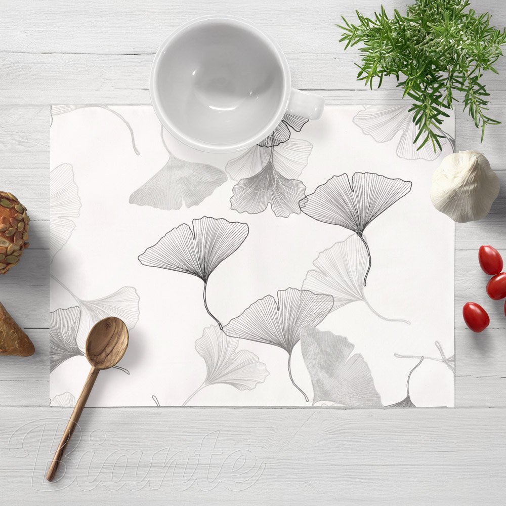 Bavlněné prostírání na stůl Sandra SA-512 Šedo-bílé ginkgo listy na bílém - Biante.cz