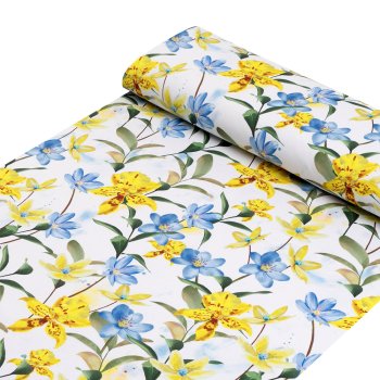 Teflonová látka na ubrusy TF-081 Žluto-modré lilie na bílém - šířka 155 cm - detail 1 - Biante.cz Teflonová látka na ubrusy TF-081 Žluto-modré lilie na bílém - šířka 155 cm - detail 1 - Biante.cz