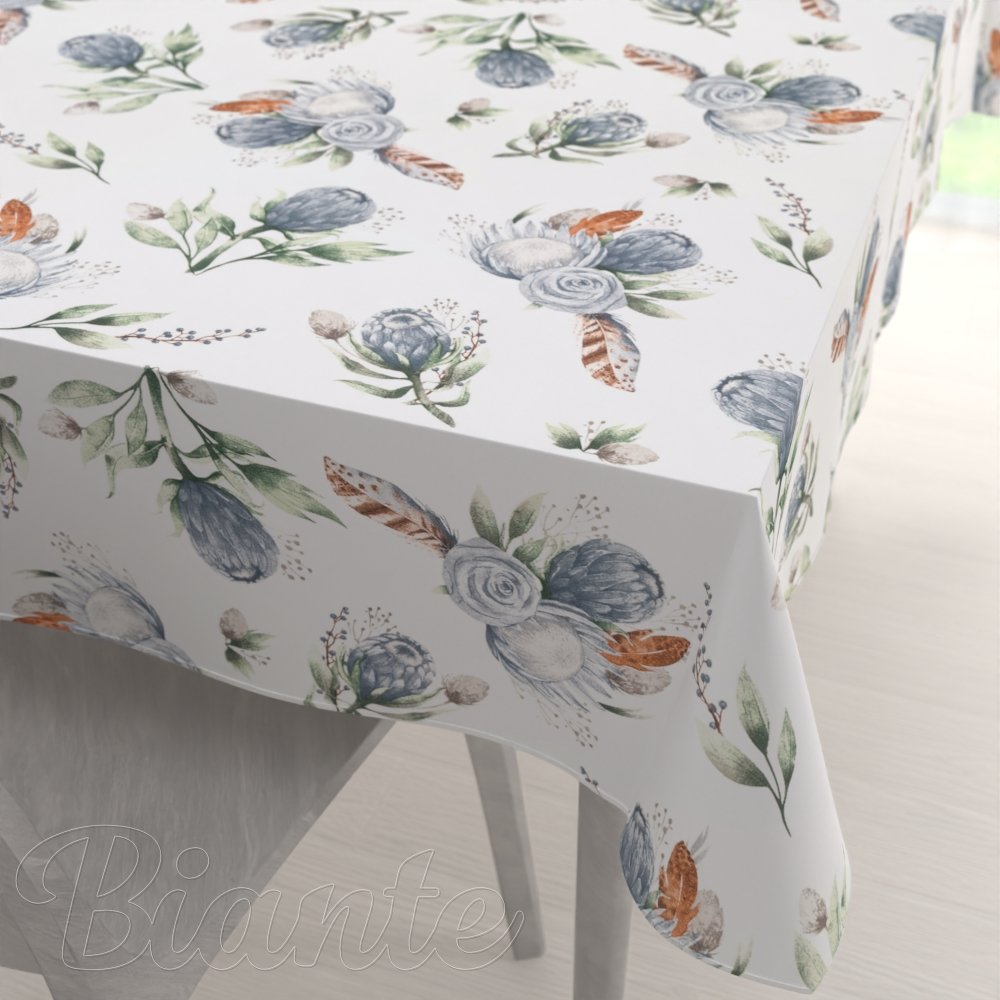 Bavlněný obdélníkový ubrus Sandra SA-707 Modré květy Protea na bílém - Biante.cz