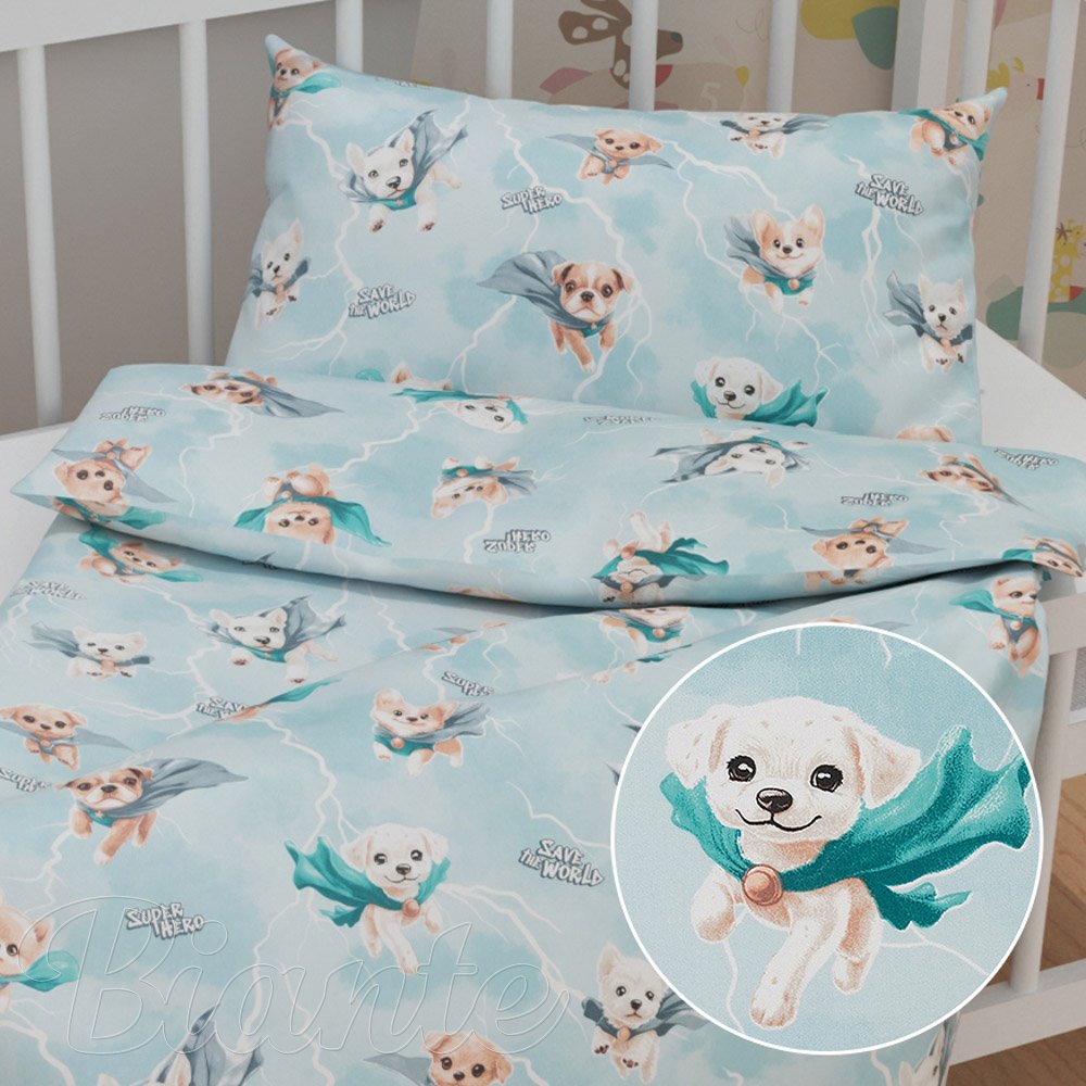 Dětské bavlněné povlečení do postýlky Sandra SA-651 Psí superhrdinové na ledově modrém - Biante.cz