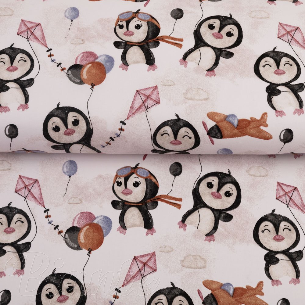 Dětská bavlněná látka/plátno Sandra SA-647 Tučňáčci s hnědými letadélky na bílém - šířka 160 cm - detail 2 - Biante.cz