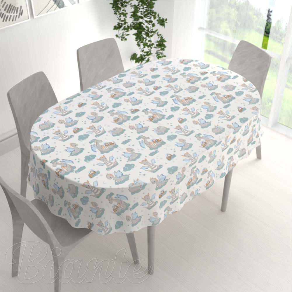 Dětský bavlněný oválný ubrus Sandra SA-689 Dráčci s medvídky na modrozelených obláčcích na bílém - detail 1 - Biante.cz