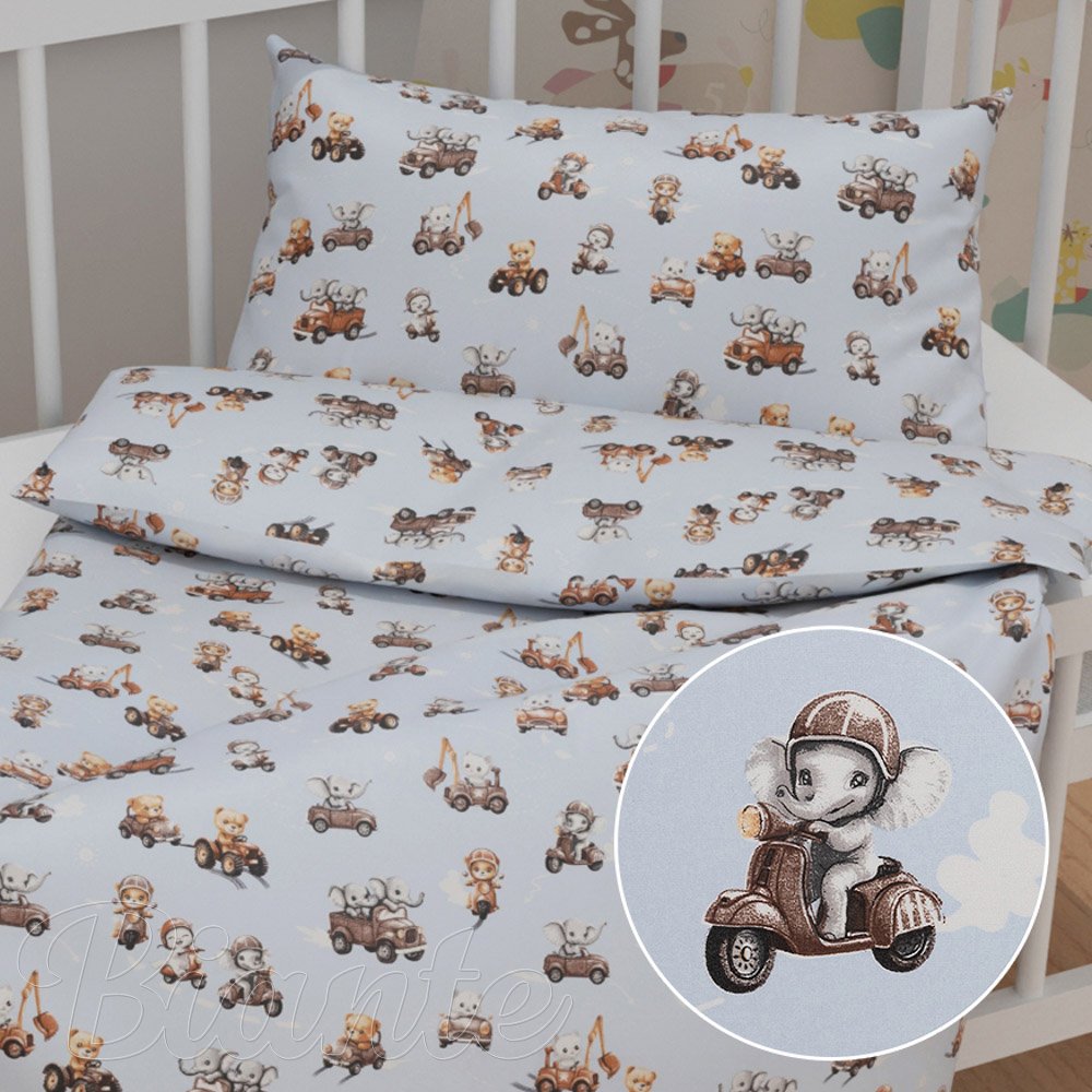 Dětské bavlněné povlečení do postýlky Sandra SA-629 Zvířátka v autech na modrém - Biante.cz