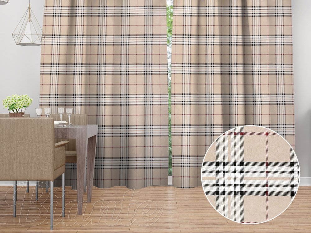 Bavlněný závěs na míru Sandra SA-548 Černo-červeno-bílé káro na béžovém - Biante.cz