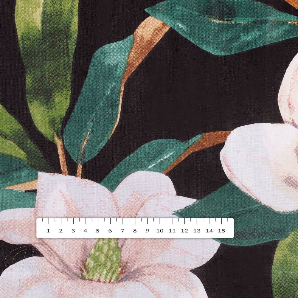 Bavlněná látka/plátno Sandra SA-300 Květy magnolie na černém - šířka 160 cm - detail 3 - Biante.cz