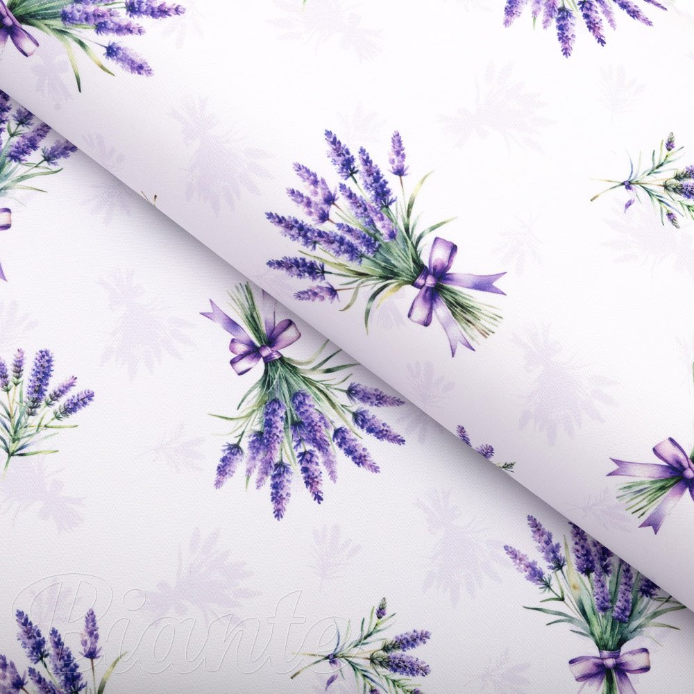 Teflonová látka na ubrusy TF-128 Snítky levandulí na bílém - šířka 155 cm - Biante.cz