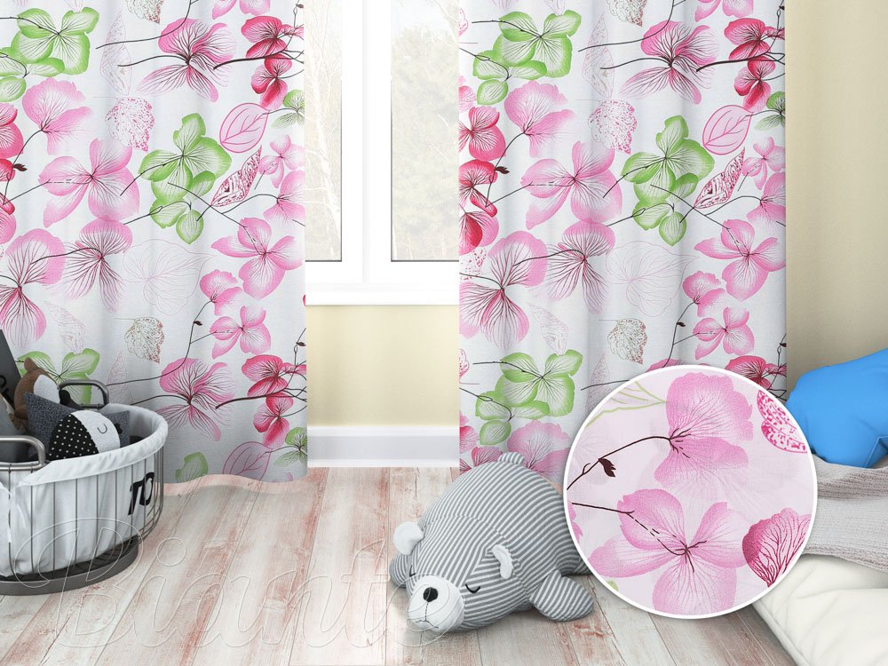 Dětský bavlněný závěs Sandra SA-366 Růžovo-zelené květy na bílém - Biante.cz