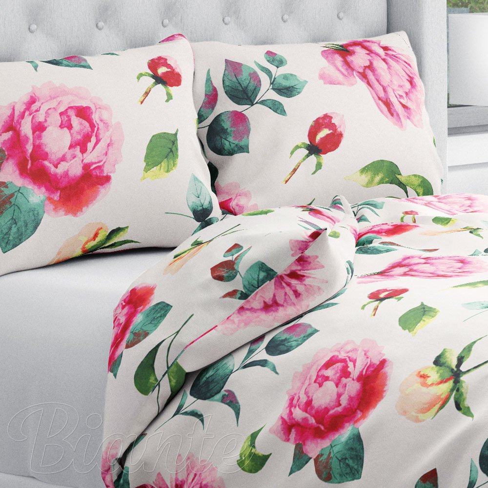 Bavlněné ložní povlečení Sandra SA-715 Velké růžovočervené pivoňky na smetanovém - Biante.cz