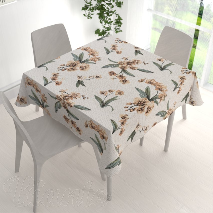 Bavlněný čtvercový ubrus Sandra SA-624 Hnědé orchideje na bílém - detail 1 - Biante.cz