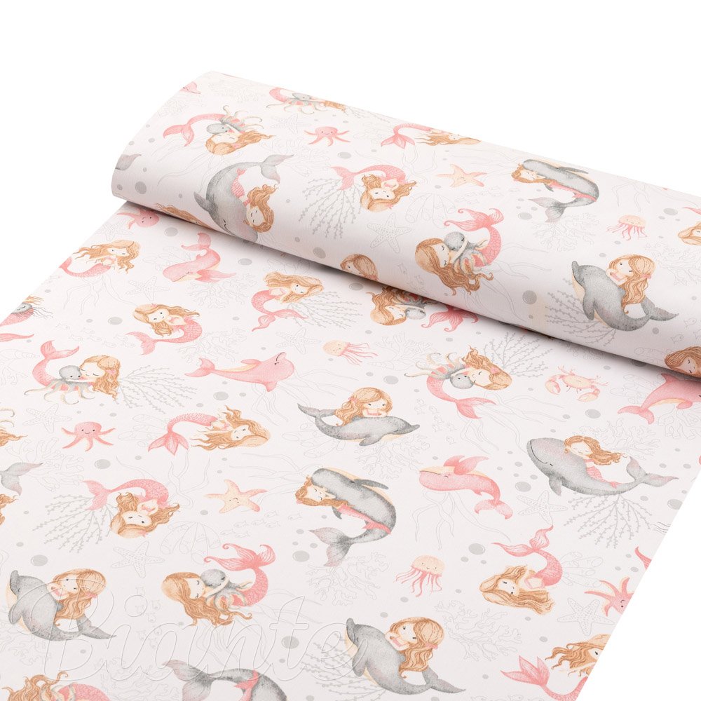 Detská bavlnená látka/plátno Sandra SA-527 Ružové morské panny s delfínmi a veľrybami na bielom - šírka 160 cm - detail 1 - Biante.sk