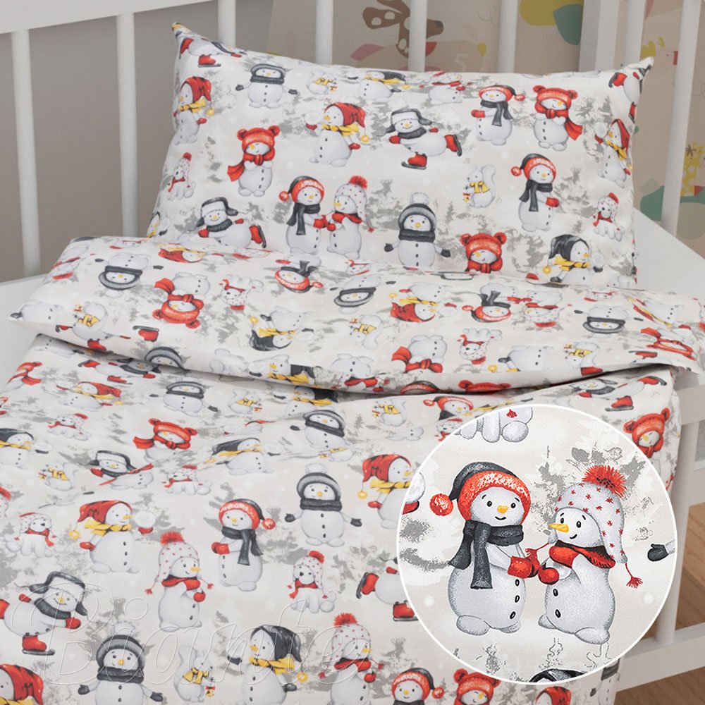 Dětské bavlněné povlečení do postýlky Sandra SA-661 Sněhuláci na světle šedém - Biante.cz