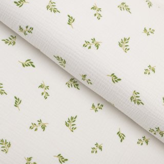 Mušelín dvojitá gázovina MSN-081 Zelené vetvičky na bielom - metráž šírka 160 cm - Biante.sk