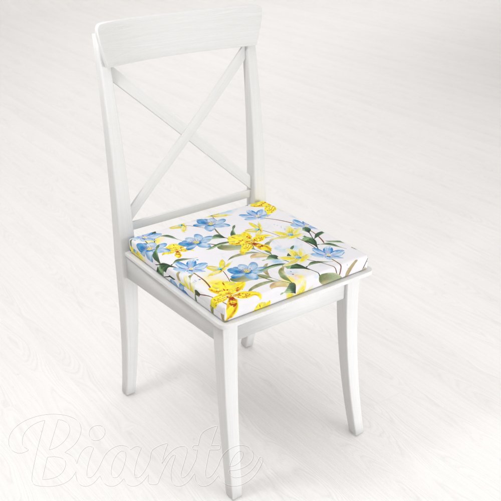 Teflonový čtvercový podsedák TF-081 Žluto-modré lilie na bílém - 38x38x3 cm - detail 1 - Biante.cz