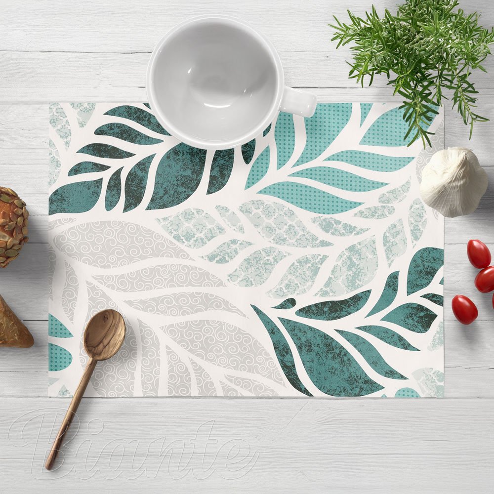 Bavlnené prestieranie na stôl Sandra SA-572 Sivo-modrozelené abstraktné listy na bielom - Biante.sk