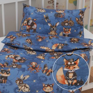 Detské bavlnené posteľné obliečky do postieľky Sandra SA-581 Zvieratká vynálezcovia na modrom - Biante.sk