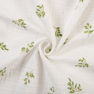 Mušelín dvojitá gázovina MSN-081 Zelené vetvičky na bielom - metráž šírka 160 cm - detail 1 - Biante.sk