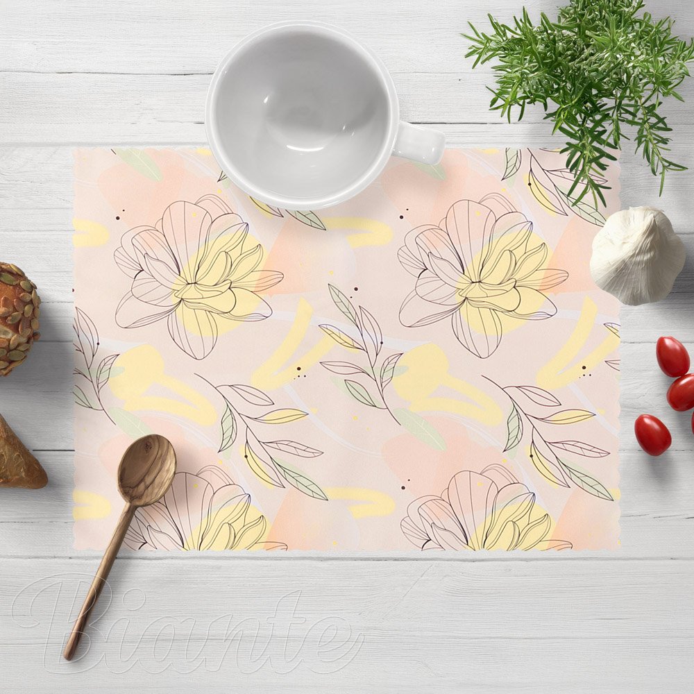 Teflonové prostírání na stůl TF-069 Žluto-růžové květy s lístky - Biante.cz