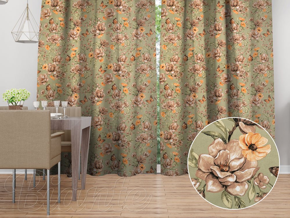 Bavlněný závěs na míru Sandra SA-472 Hnědé květy magnolie na zeleném - Biante.cz Bavlněný závěs na míru Sandra SA-472 Hnědé květy magnolie na zeleném - Biante.cz