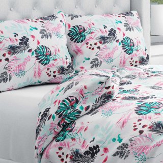 Bavlněné ložní povlečení Sandra SA-413 Růžové a zelené tropické listy na bílém - Biante.cz