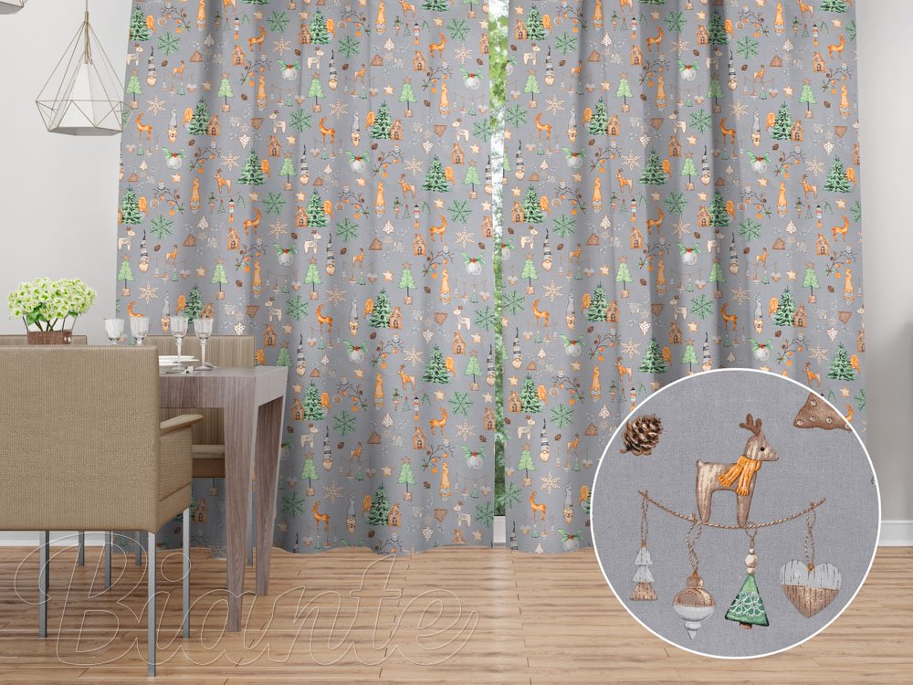 Vánoční bavlněný závěs na míru Sandra SA-509 Vánoční skřítci a ozdoby na šedém - Biante.cz