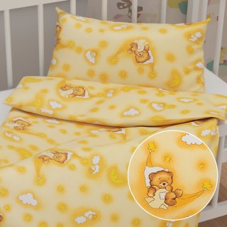 Dětské bavlněné povlečení do postýlky Sandra SA-727 Spící medvídci na žlutooranžovém - Biante.cz